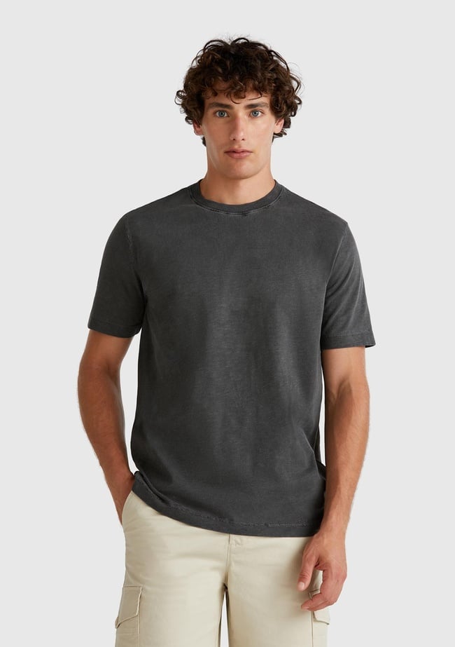  Erkek Siyah %100 Koton Bisiklet Yaka Slub T-Shirt