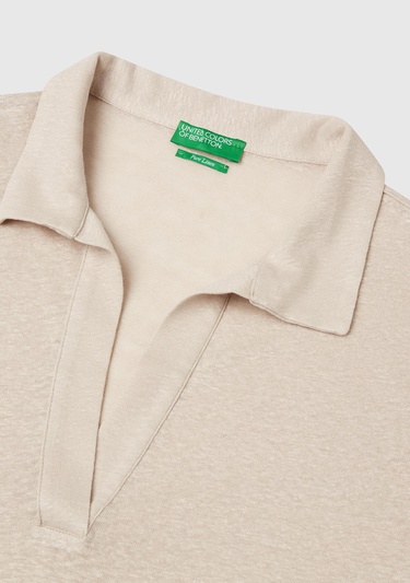  Kadın Taş Rengi %100 Keten Polo Yaka T-Shirt