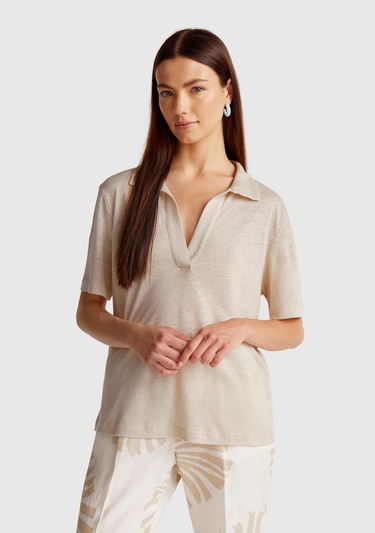  Kadın Taş Rengi %100 Keten Polo Yaka T-Shirt