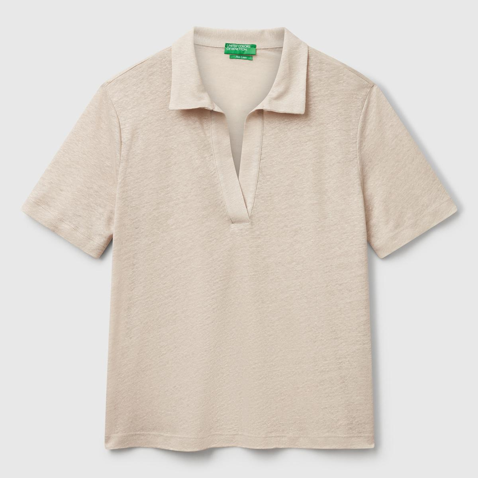 Kadın Taş Rengi %100 Keten Polo Yaka T-Shirt