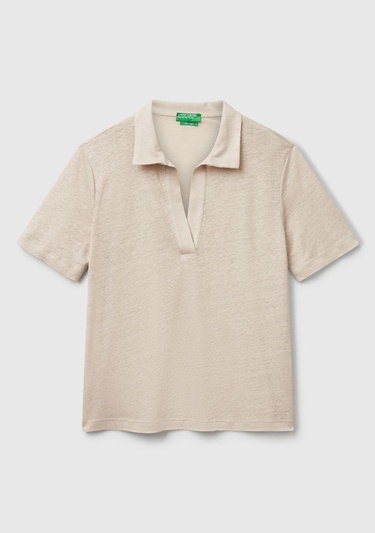  Kadın Taş Rengi %100 Keten Polo Yaka T-Shirt
