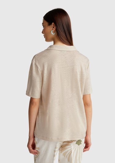  Kadın Taş Rengi %100 Keten Polo Yaka T-Shirt