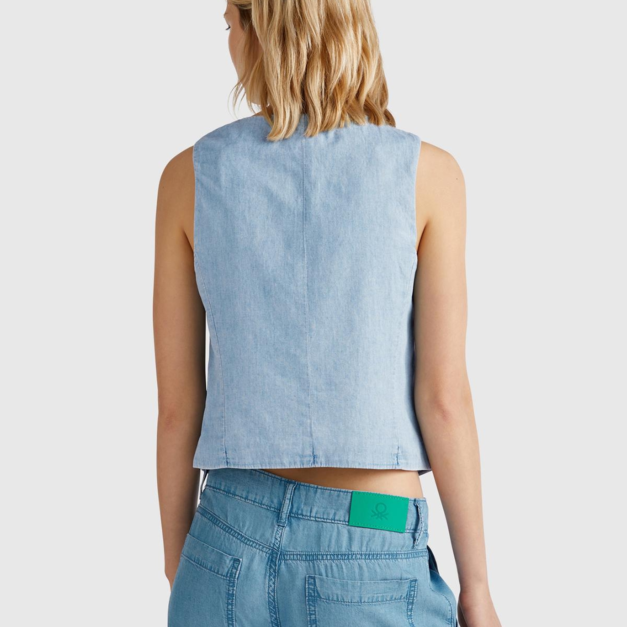 Kadın Açık Mavi %100 Koton Şamre Denim Yelek