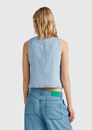  Kadın Açık Mavi %100 Koton Şamre Denim Yelek