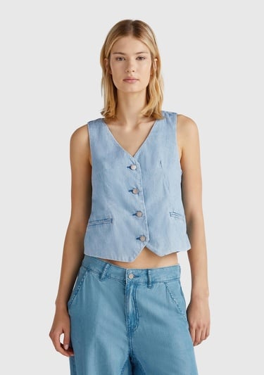  Kadın Açık Mavi %100 Koton Şamre Denim Yelek