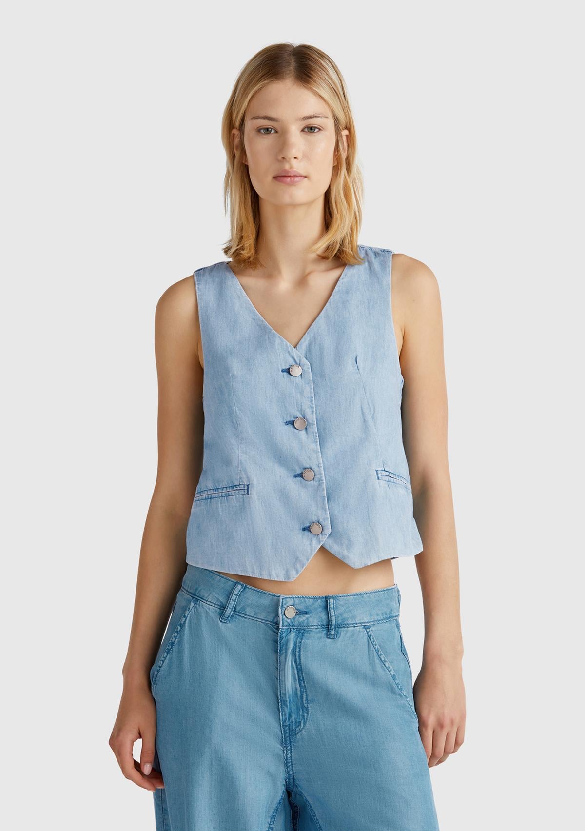  Kadın Açık Mavi %100 Koton Şamre Denim Yelek