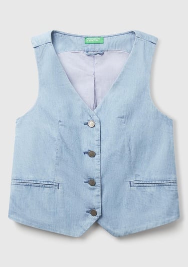  Kadın Açık Mavi %100 Koton Şamre Denim Yelek