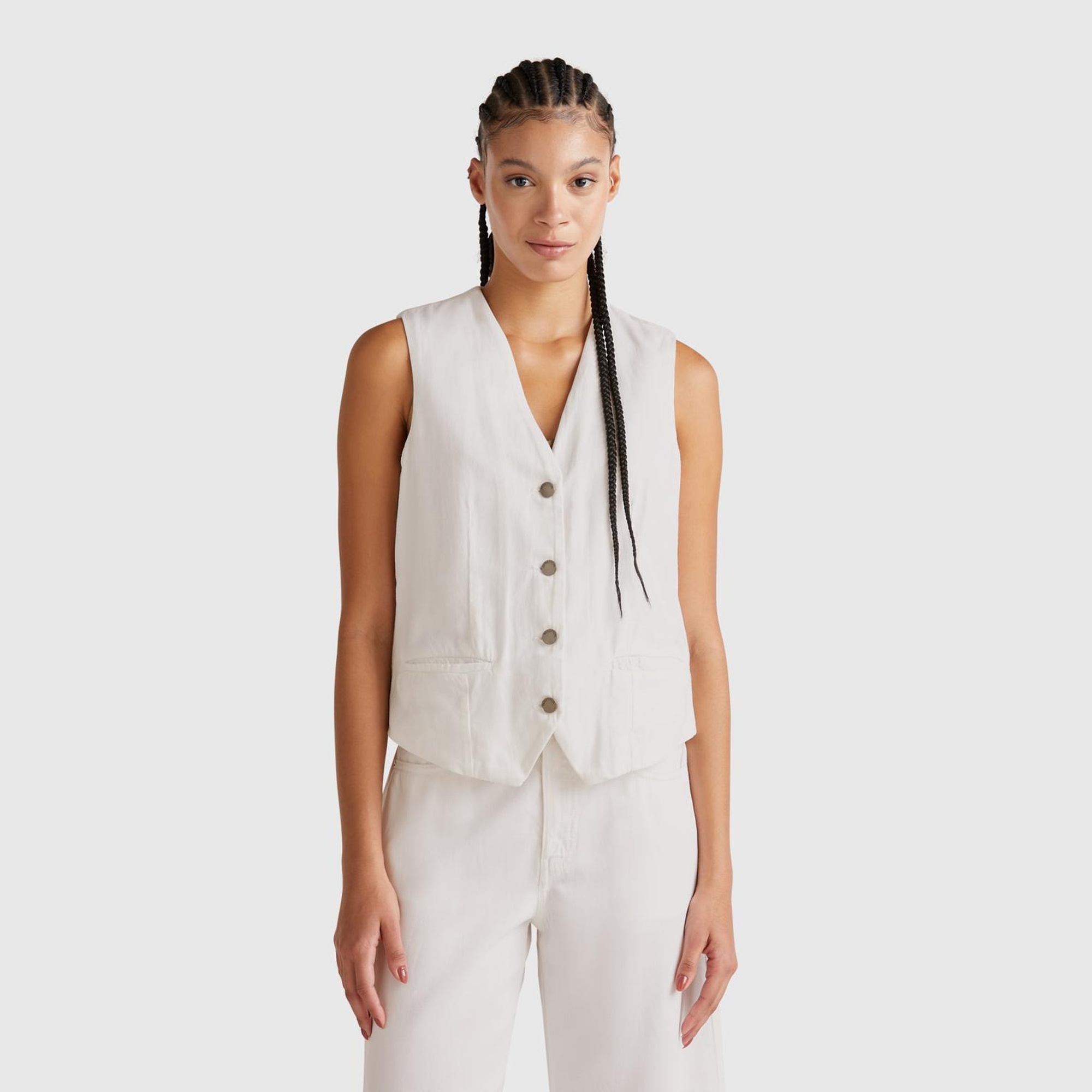 Kadın Beyaz Liyosel Karışımlı V Yaka Yelek