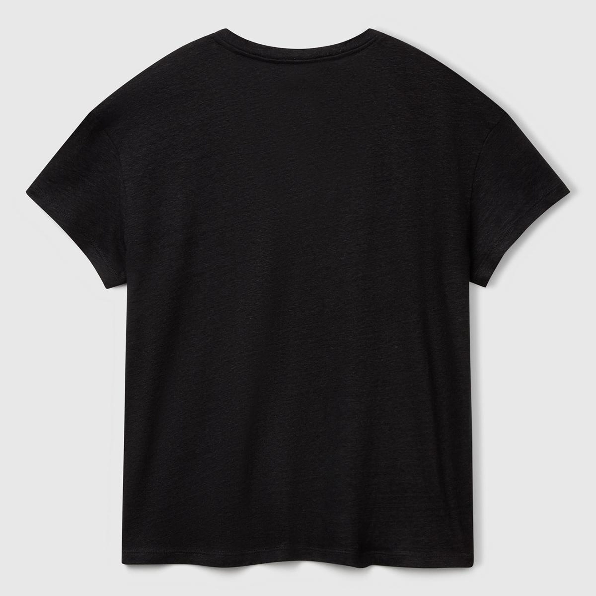 Kadın Siyah %100 Keten Düşük Omuzlu Relax Fit V Yaka T-Shirt