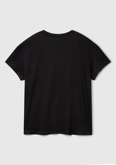 Kadın Siyah %100 Keten Düşük Omuzlu Relax Fit V Yaka T-Shirt