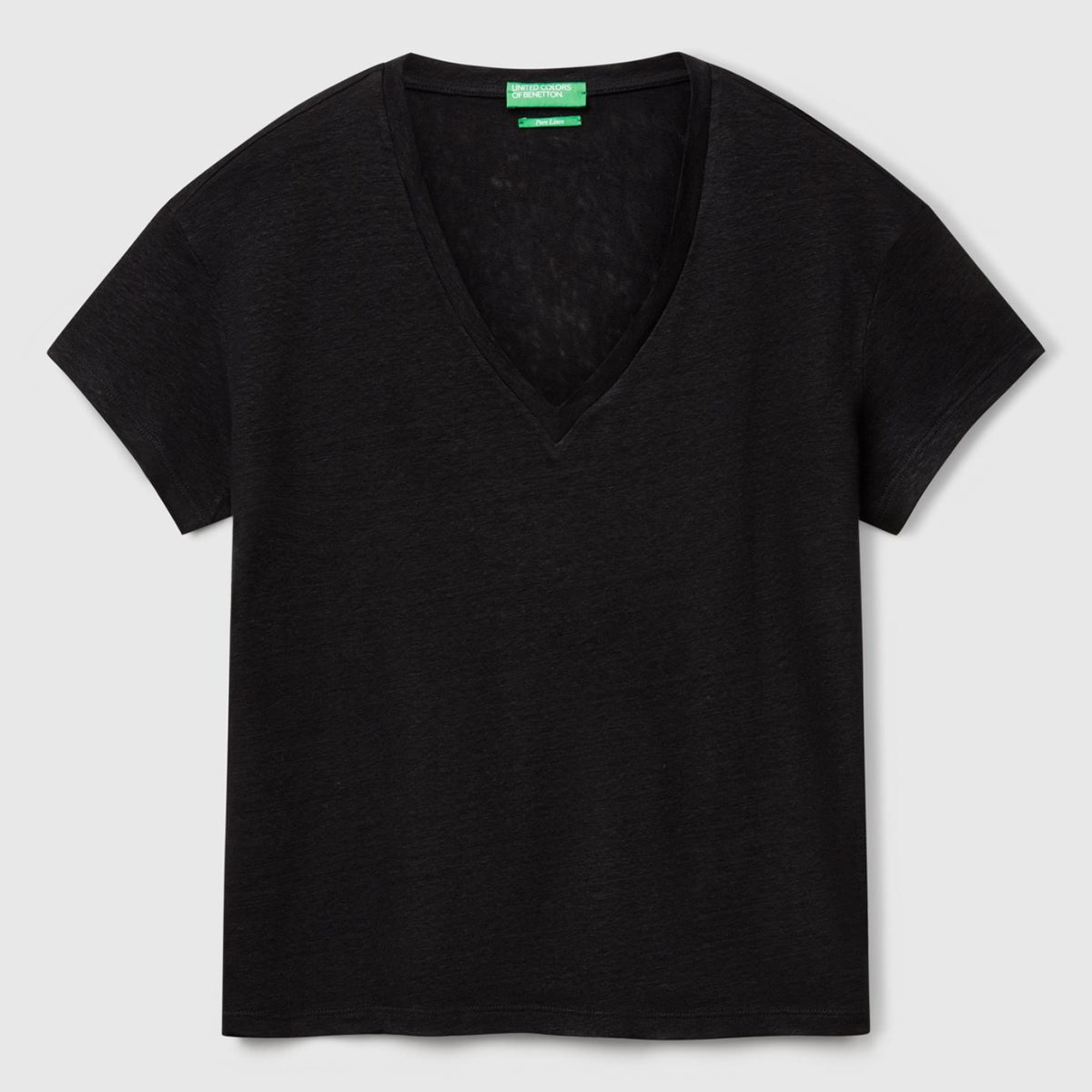 Kadın Siyah %100 Keten Düşük Omuzlu Relax Fit V Yaka T-Shirt