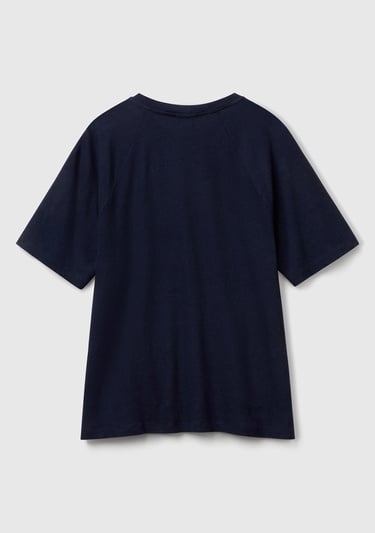  Erkek Lacivert Pamuk ve Keten Karışımlı Reglan Kol Relax Fit T-Shirt