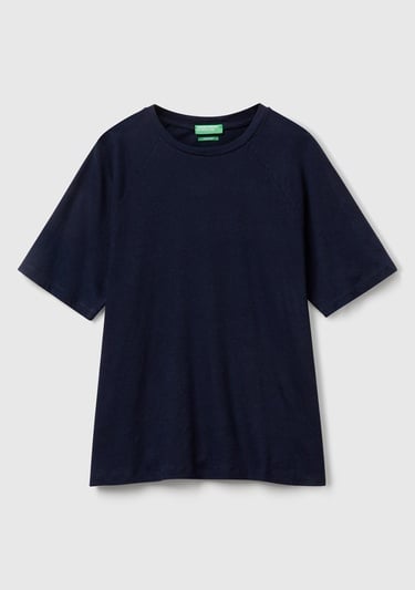  Erkek Lacivert Pamuk ve Keten Karışımlı Reglan Kol Relax Fit T-Shirt