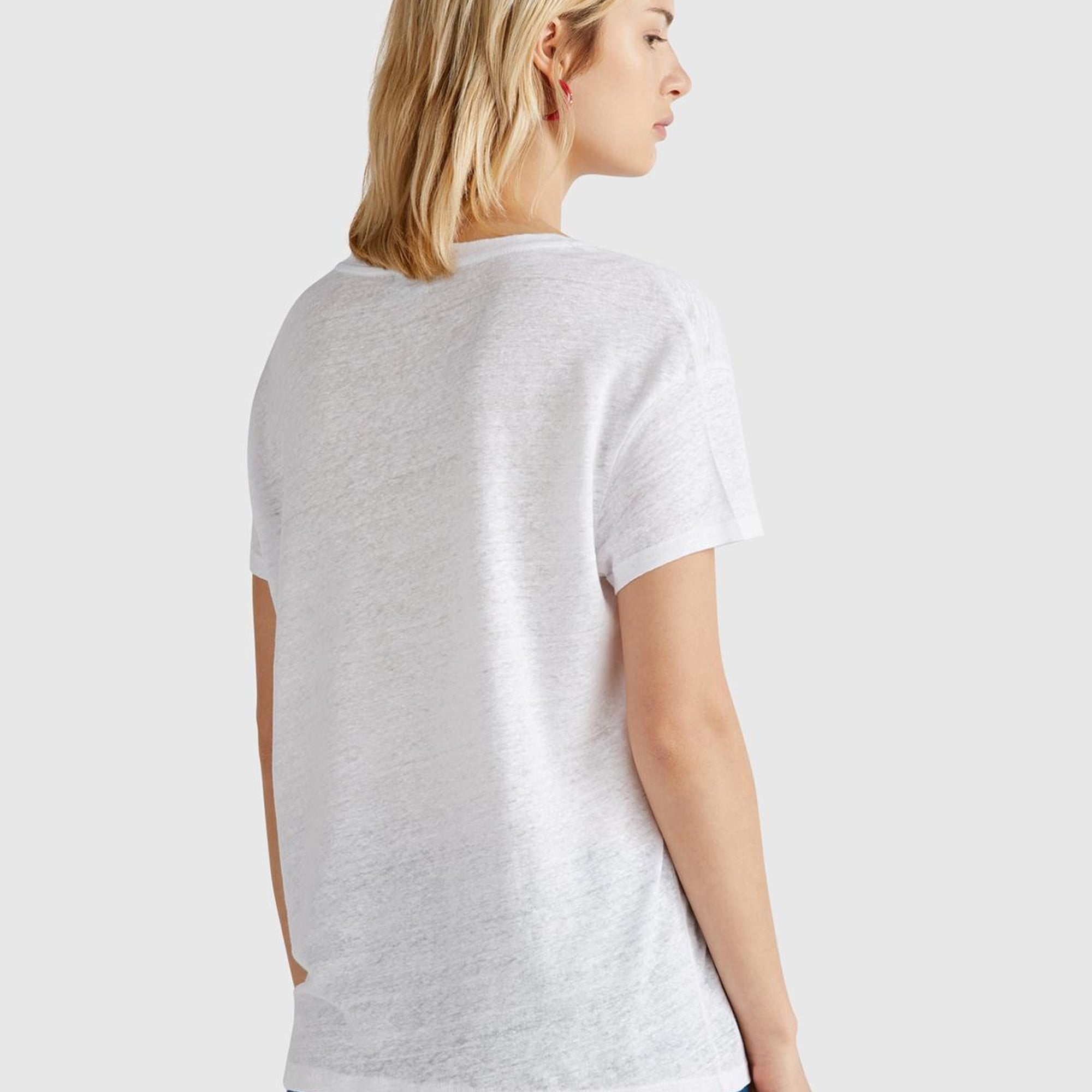 Kadın Beyaz %100 Keten Düşük Omuzlu Relax Fit V Yaka T-Shirt