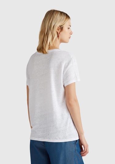  Kadın Beyaz %100 Keten Düşük Omuzlu Relax Fit V Yaka T-Shirt