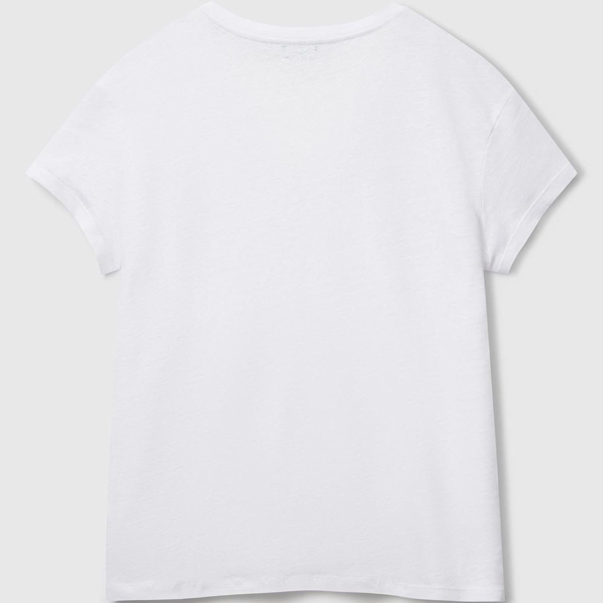 Kadın Beyaz %100 Keten Düşük Omuzlu Relax Fit V Yaka T-Shirt