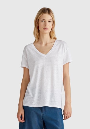  Kadın Beyaz %100 Keten Düşük Omuzlu Relax Fit V Yaka T-Shirt
