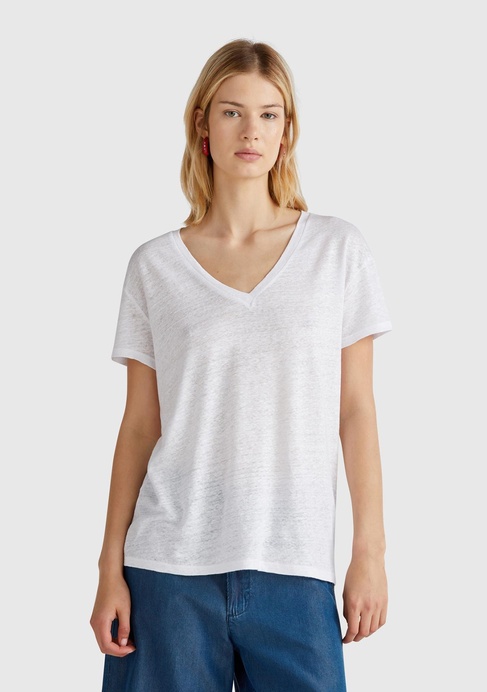  Kadın Beyaz %100 Keten Düşük Omuzlu Relax Fit V Yaka T-Shirt