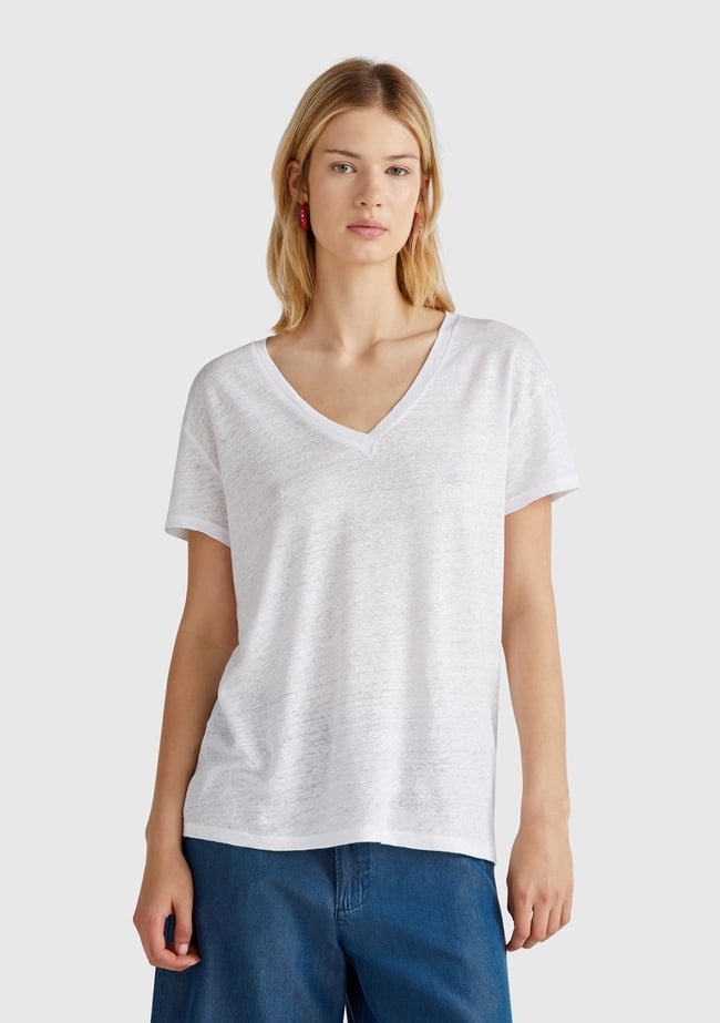 Kadın Beyaz %100 Keten Düşük Omuzlu Relax Fit V Yaka T-Shirt