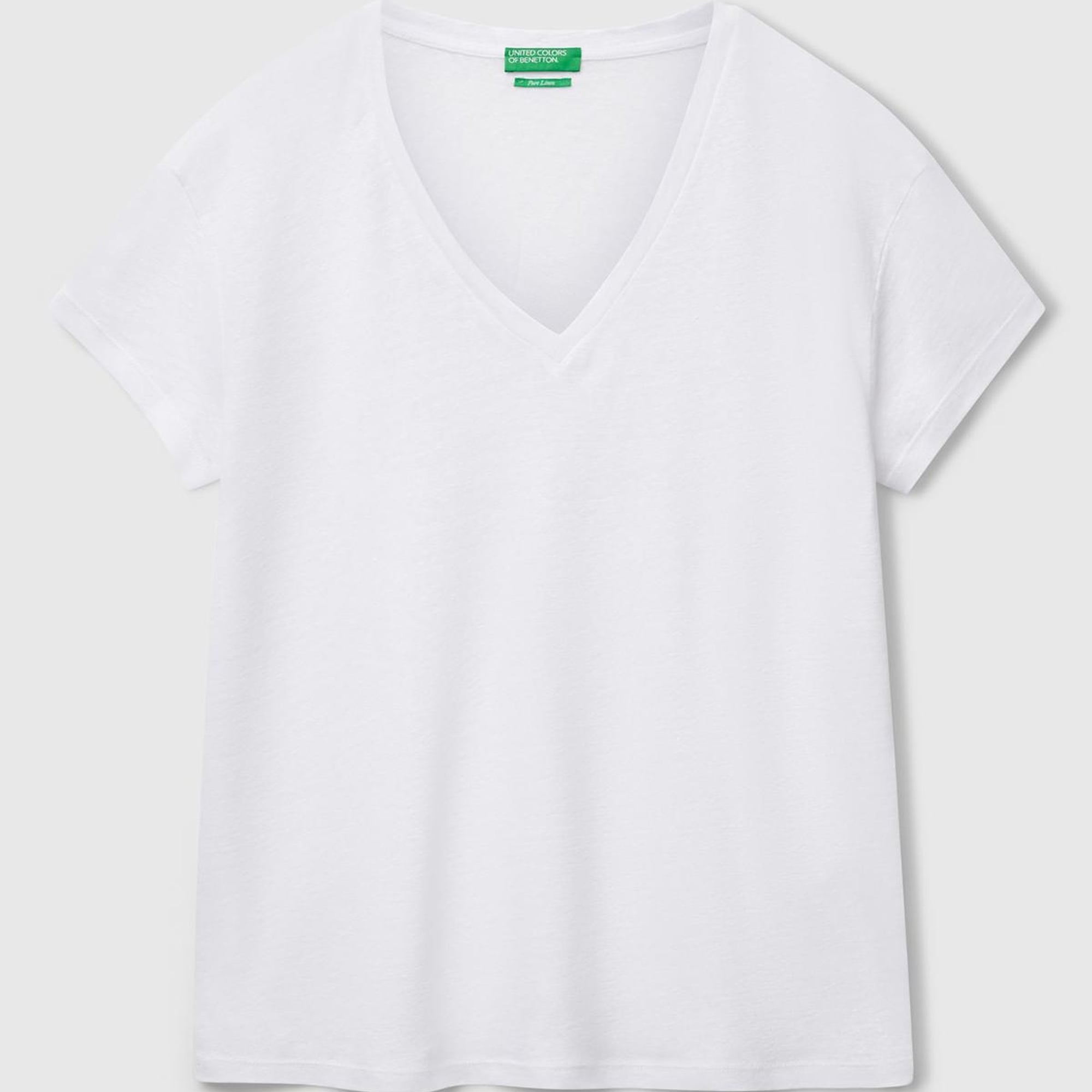 Kadın Beyaz %100 Keten Düşük Omuzlu Relax Fit V Yaka T-Shirt