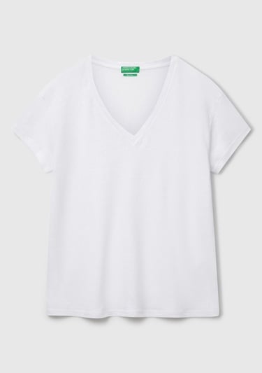  Kadın Beyaz %100 Keten Düşük Omuzlu Relax Fit V Yaka T-Shirt