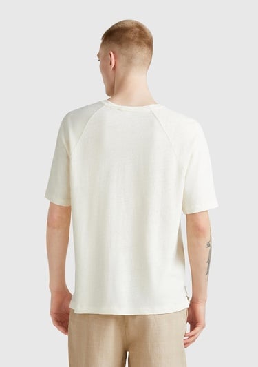  Erkek Taş Rengi Pamuk ve Keten Karışımlı Reglan Kol Relax Fit T-Shirt