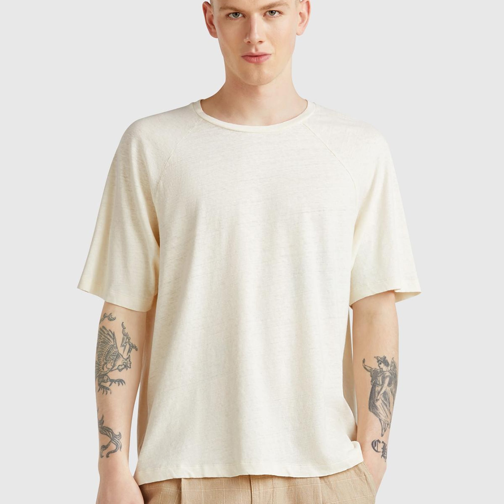 Erkek Taş Rengi Pamuk ve Keten Karışımlı Reglan Kol Relax Fit T-Shirt