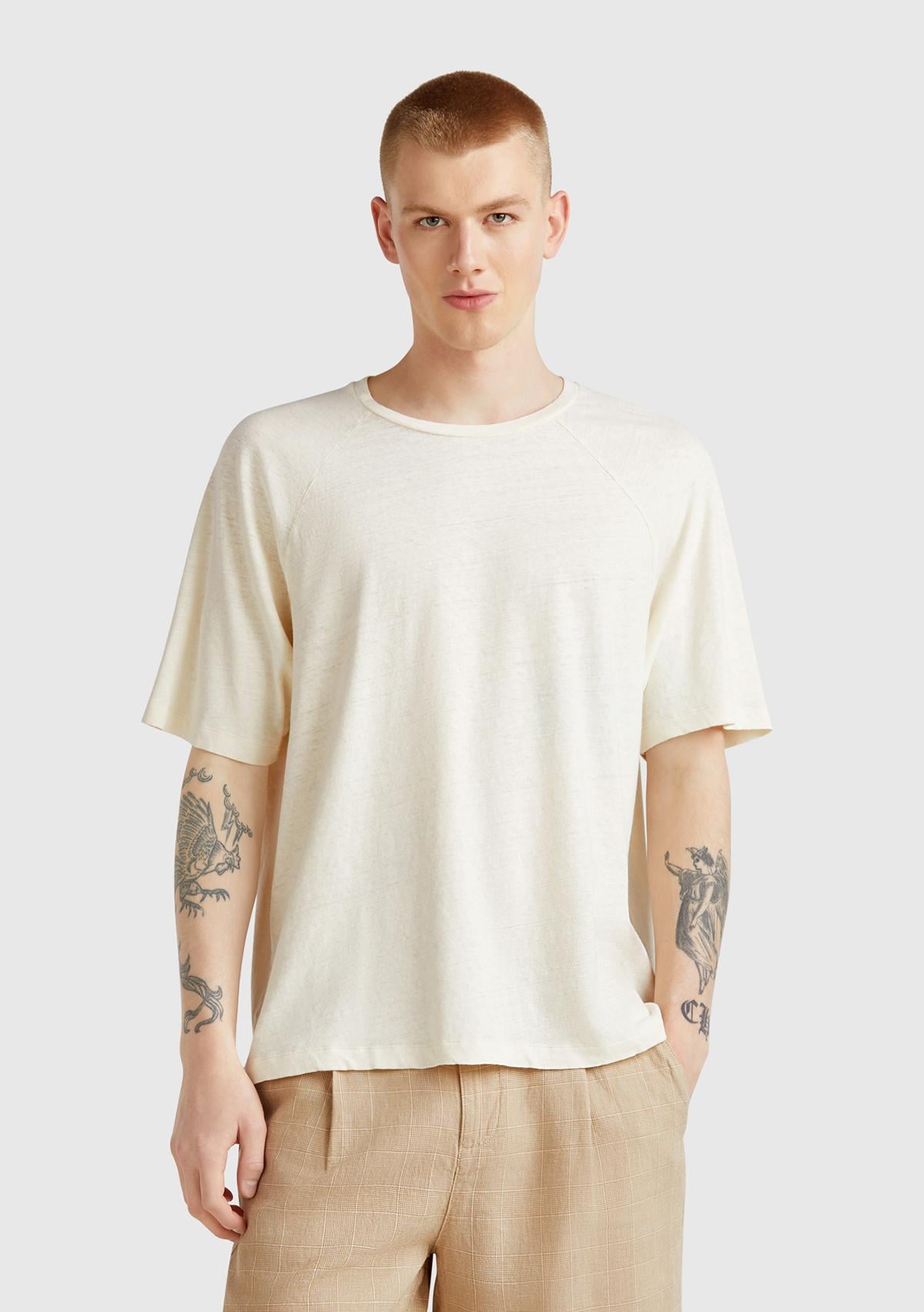  Erkek Taş Rengi Pamuk ve Keten Karışımlı Reglan Kol Relax Fit T-Shirt