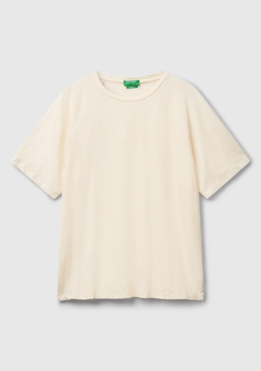  Erkek Taş Rengi Pamuk ve Keten Karışımlı Reglan Kol Relax Fit T-Shirt