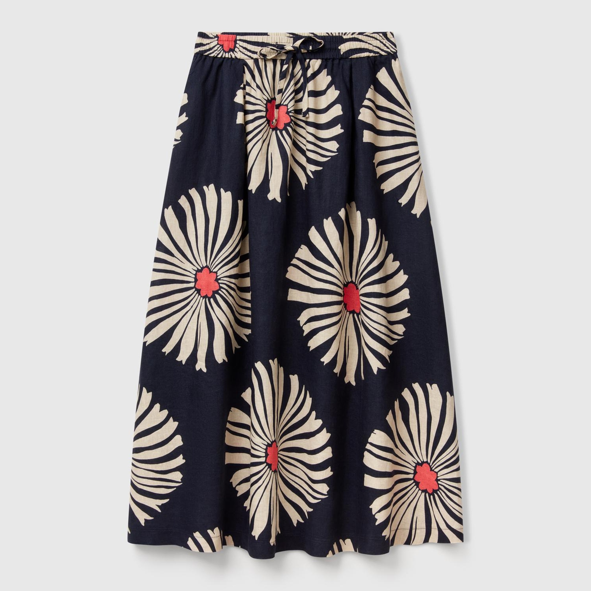 Kadın Lacivert %100 Keten Desenli Beli Lastikli Uzun Etek