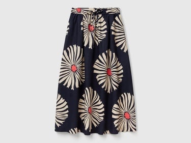  Kadın Lacivert %100 Keten Desenli Beli Lastikli Uzun Etek