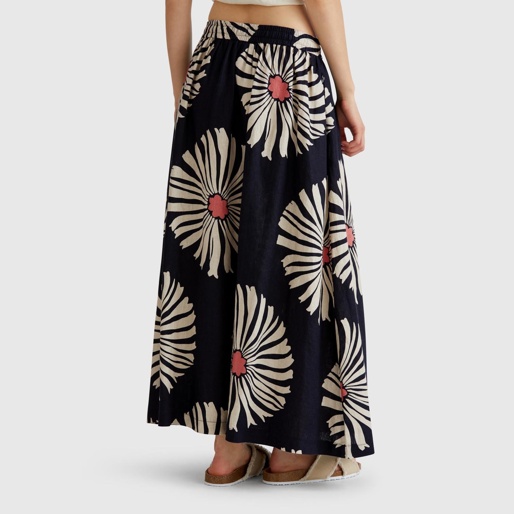 Kadın Lacivert %100 Keten Desenli Beli Lastikli Uzun Etek