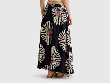  Kadın Lacivert %100 Keten Desenli Beli Lastikli Uzun Etek