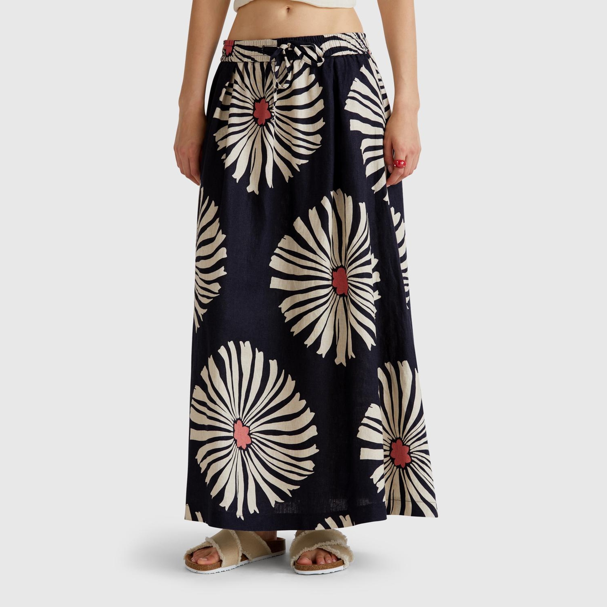 Kadın Lacivert %100 Keten Desenli Beli Lastikli Uzun Etek