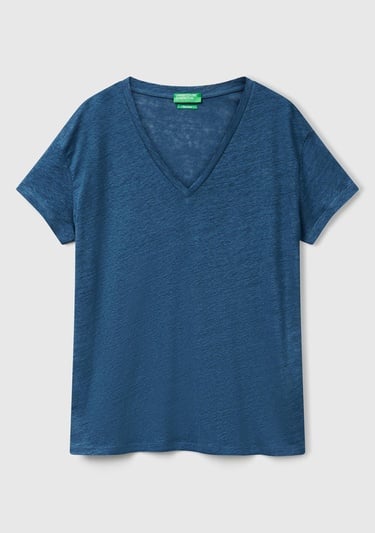  Kadın Denim %100 Keten Düşük Omuzlu Relax Fit V Yaka T-Shirt