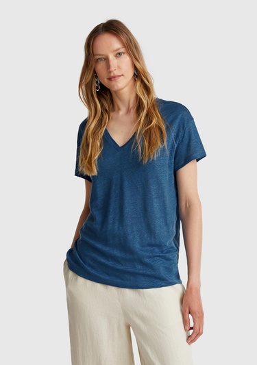  Kadın Denim %100 Keten Düşük Omuzlu Relax Fit V Yaka T-Shirt