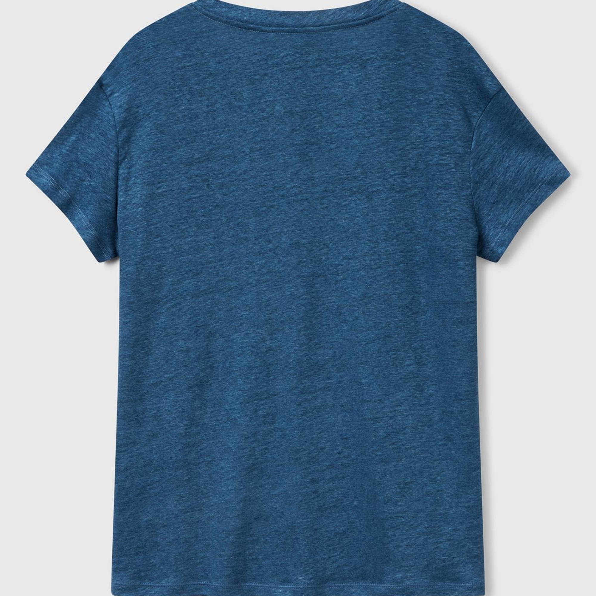 Kadın Denim %100 Keten Düşük Omuzlu Relax Fit V Yaka T-Shirt