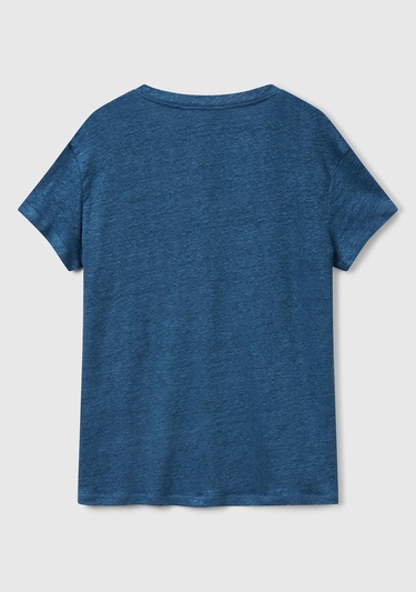  Kadın Denim %100 Keten Düşük Omuzlu Relax Fit V Yaka T-Shirt