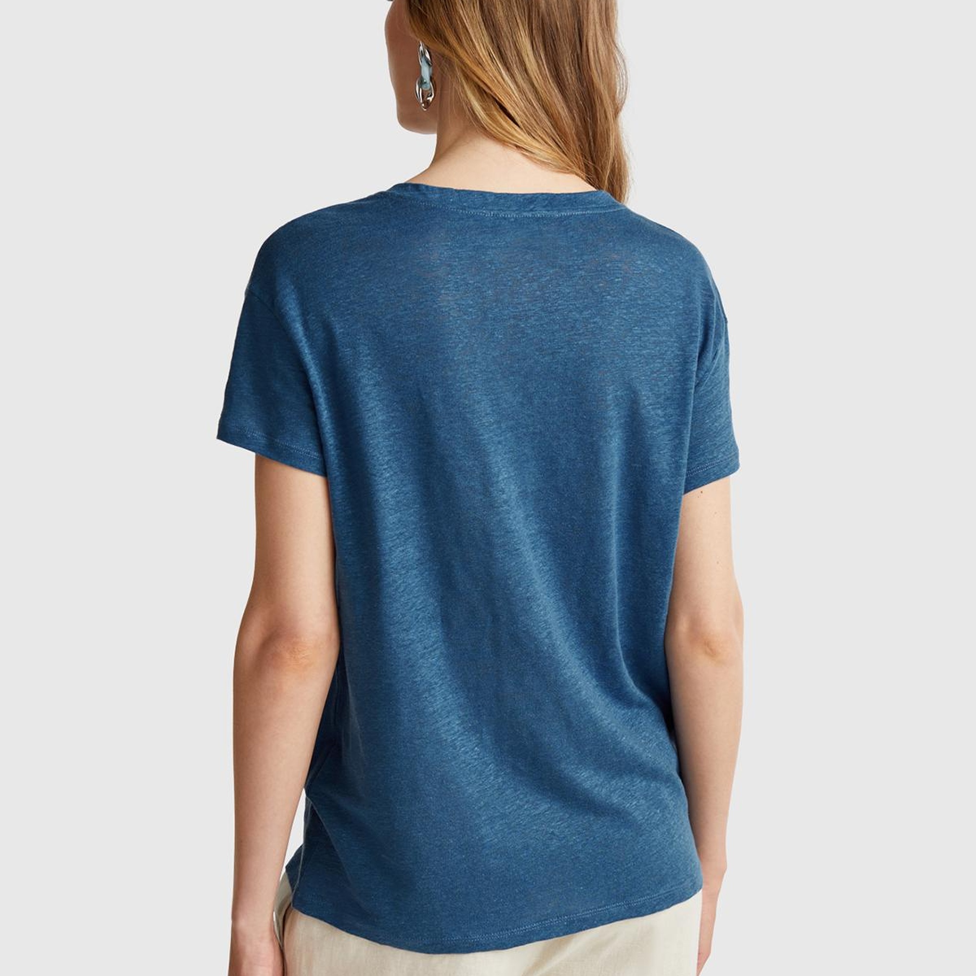 Kadın Denim %100 Keten Düşük Omuzlu Relax Fit V Yaka T-Shirt