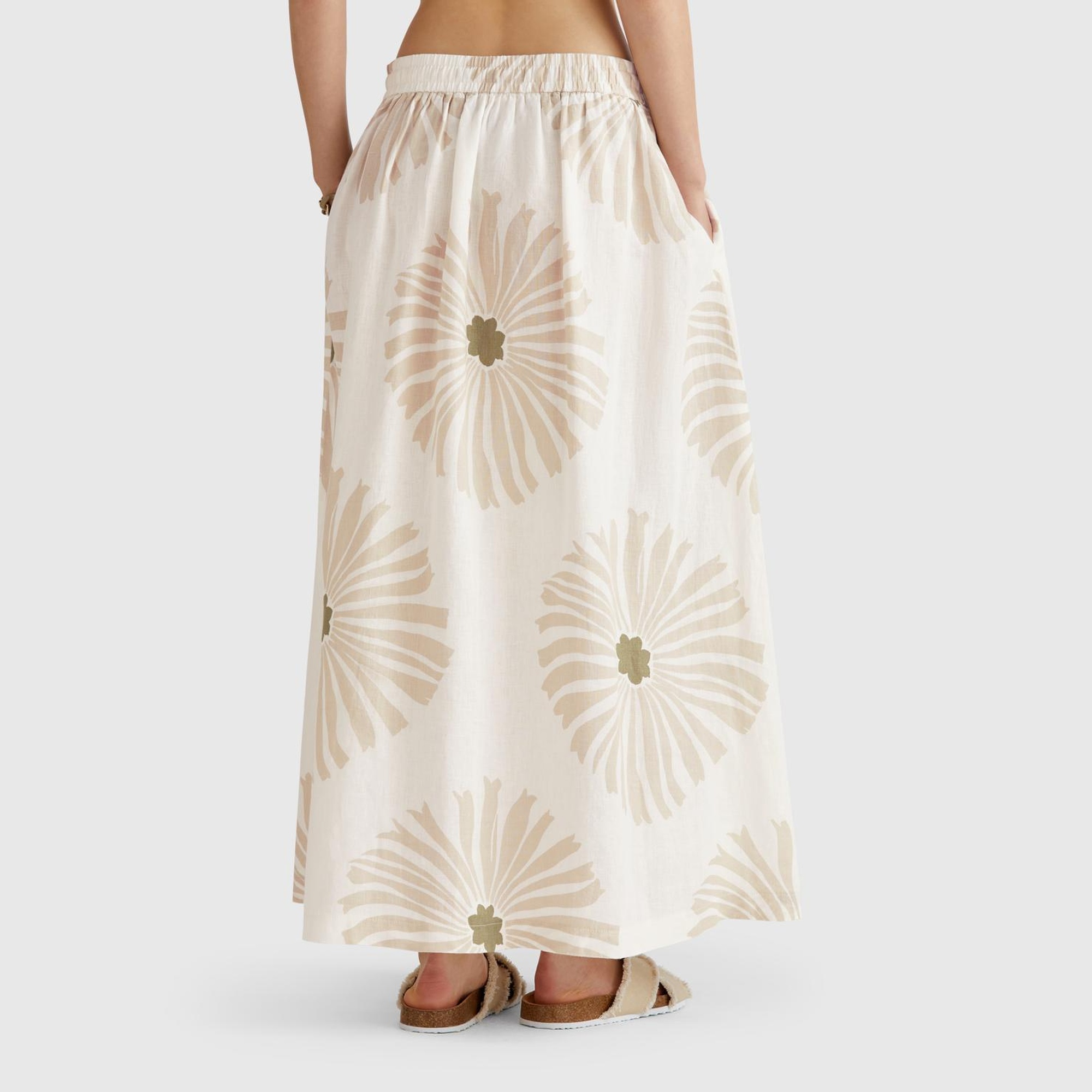 Kadın Krem %100 Keten Desenli Beli Lastikli Uzun Etek