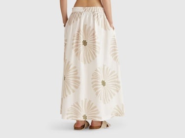  Kadın Krem %100 Keten Desenli Beli Lastikli Uzun Etek
