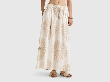 Kadın Krem %100 Keten Desenli Beli Lastikli Uzun Etek