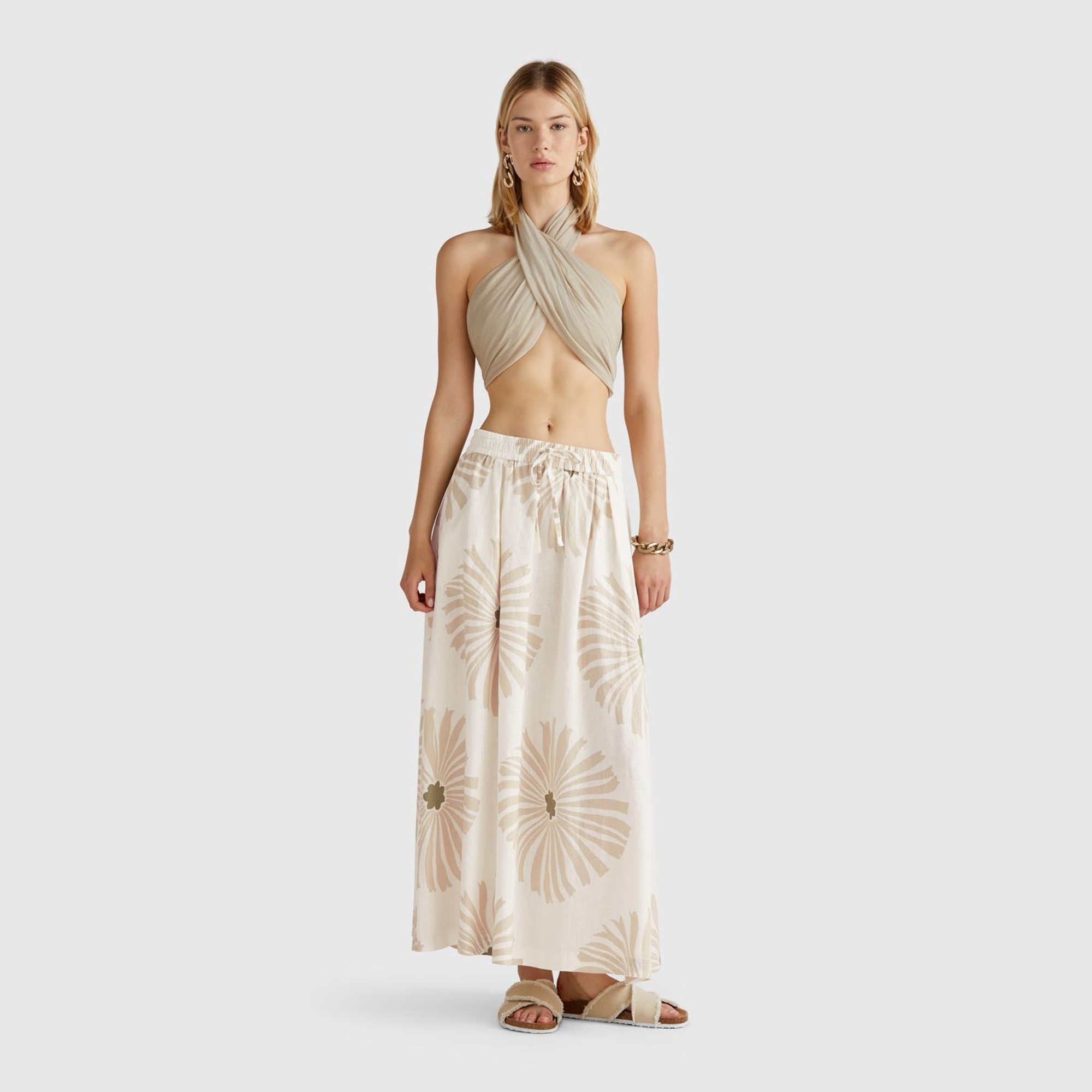 Kadın Krem %100 Keten Desenli Beli Lastikli Uzun Etek