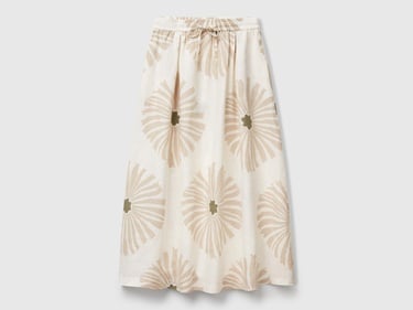  Kadın Krem %100 Keten Desenli Beli Lastikli Uzun Etek