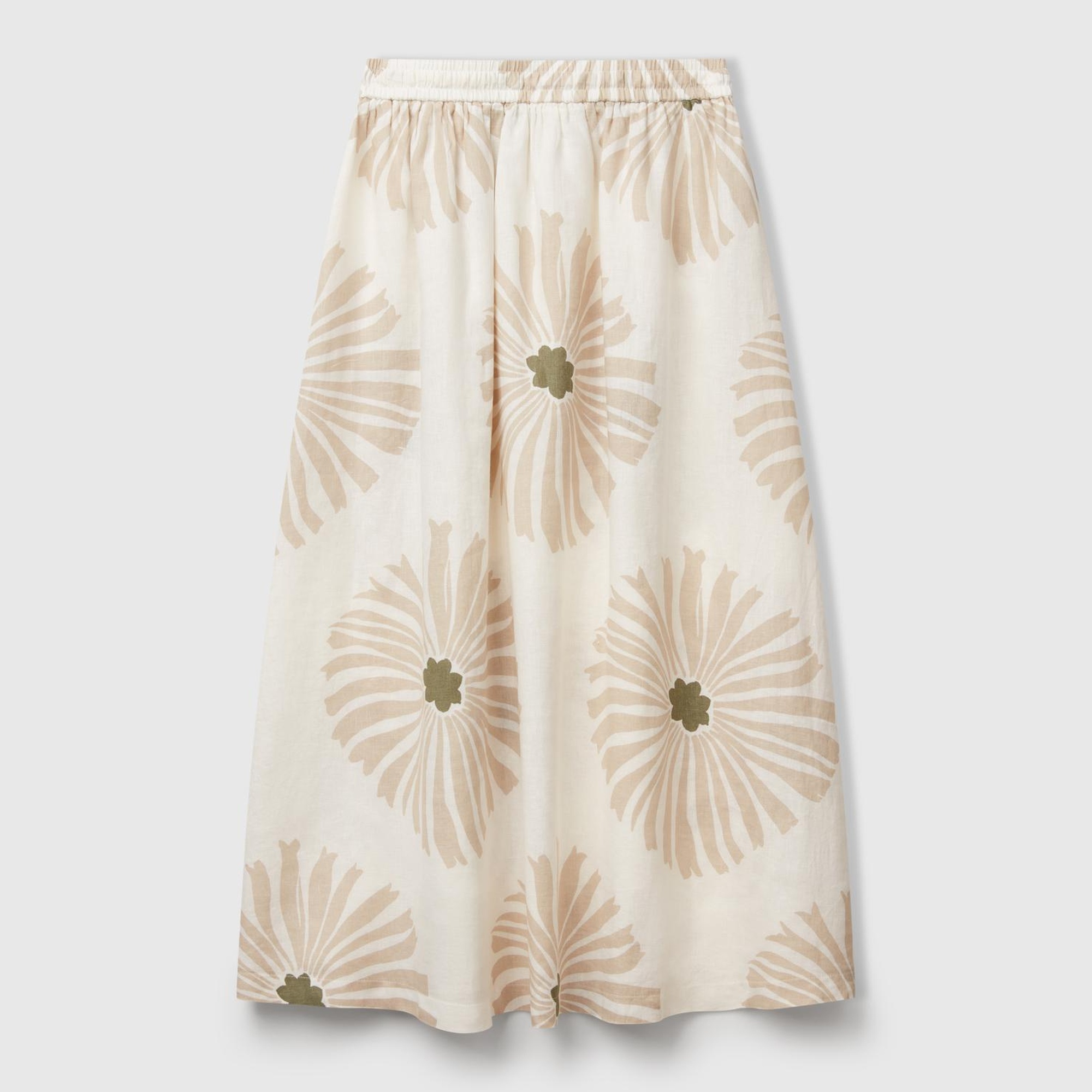 Kadın Krem %100 Keten Desenli Beli Lastikli Uzun Etek