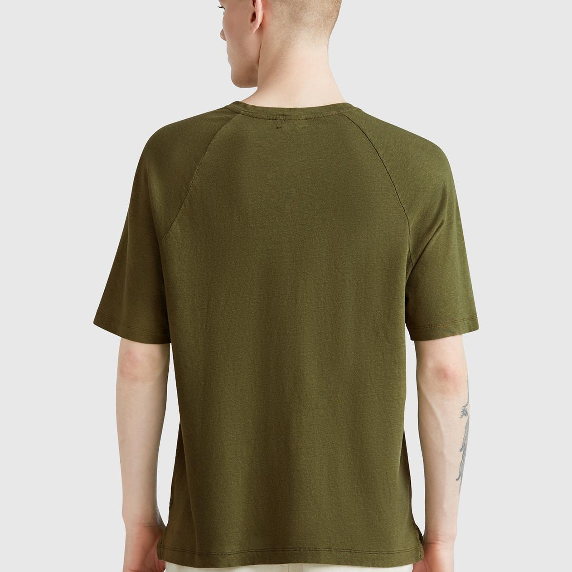 Erkek Haki Pamuk ve Keten Karışımlı Reglan Kol Relax Fit T-Shirt