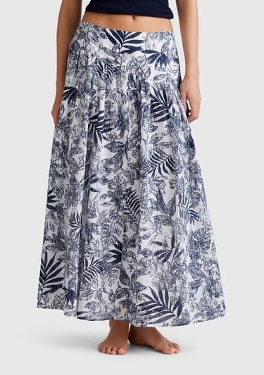  Kadın Mavi Mix %100 Koton Desenli Midi Boy Müslin Etek