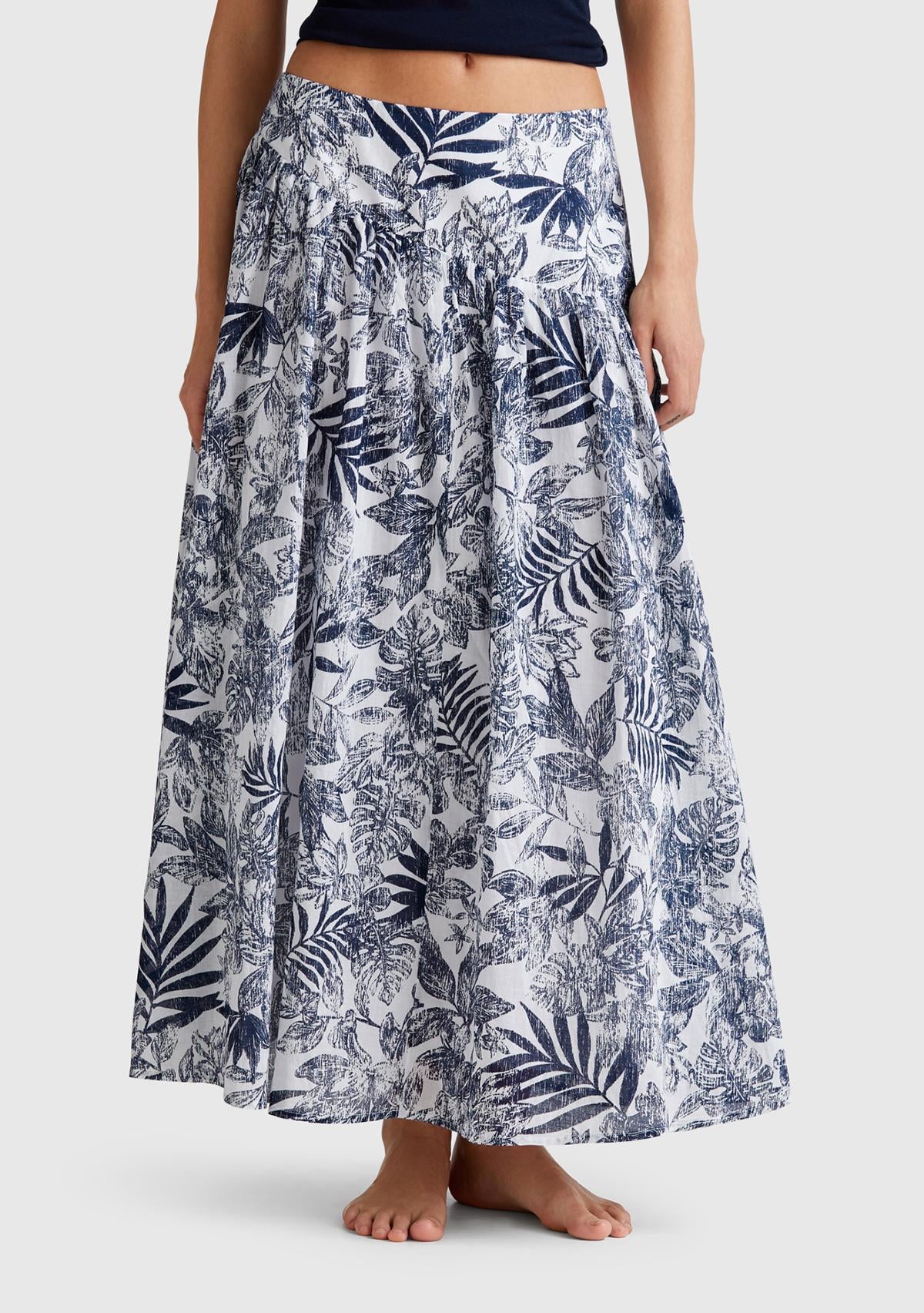  Kadın Mavi Mix %100 Koton Desenli Midi Boy Müslin Etek