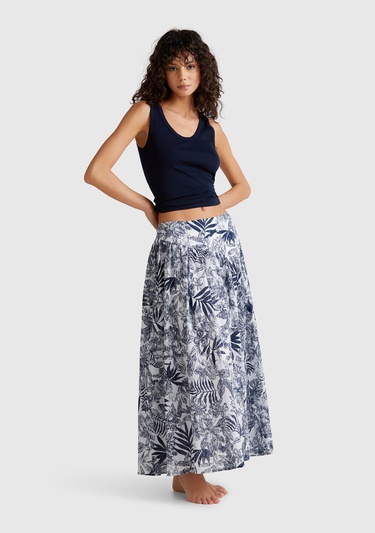  Kadın Mavi Mix %100 Koton Desenli Midi Boy Müslin Etek