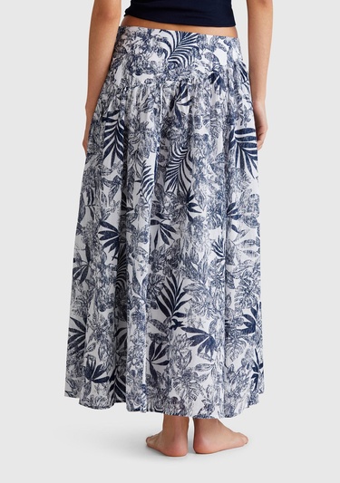  Kadın Mavi Mix %100 Koton Desenli Midi Boy Müslin Etek